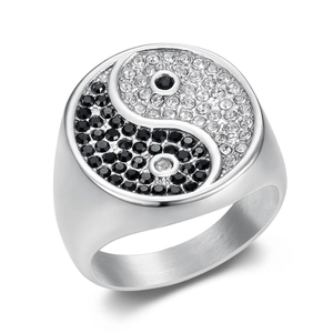 Vintage stainless steel ring with black and white zircon pavé Yin Yang Tai Chi symbol