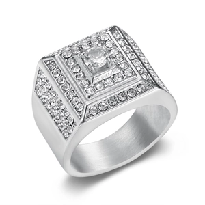 Luxurious silver square hip-hop ring with AAA cubic zirconia on brushed stainless steel