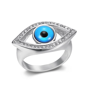 Silver stainless steel Evil Eye ring with blue bead and pavé zircon stones on white background