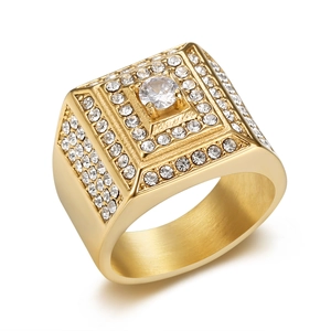 Luxurious hip hop gold plated stainless steel square ring for men with AAA zircons