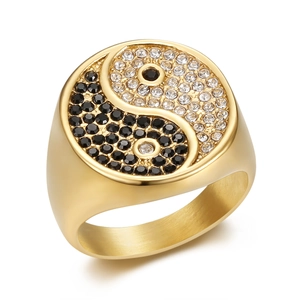 Gold stainless steel men's ring with Yin Yang tai chi pattern in black and white crystals