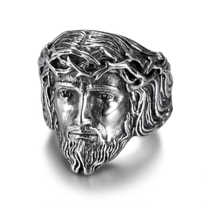Vintage silver titanium steel ring for men featuring a detailed Jesus relief sculpture
