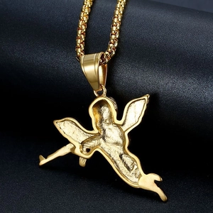 Pendentif ange en acier titane plaqué or avec chaîne à billes style hip hop