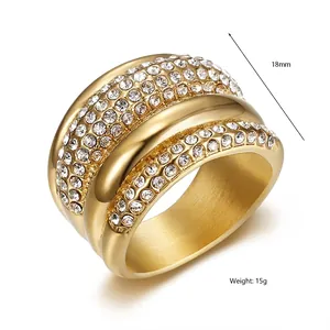 Hip hop style gold plated titanium steel ring with triple row crystals 18mm wide
