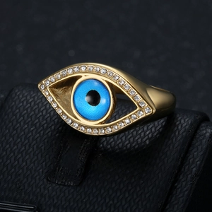 Gold-plated stainless steel Evil Eye ring with blue center stone and pave zircon accents