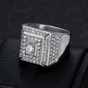 Luxurious hip hop men's silver square ring with AAA cubic zirconia pave setting