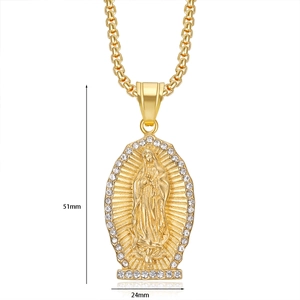 Detailed view of gold-plated Virgin Mary pendant with dimensions 51mm by 24mm and cubic zirconia