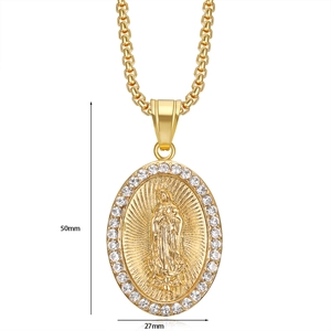 Detailed size view of gold-plated Virgin Mary pendant showing 50mm height and 27mm width