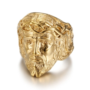 Vintage gold Jesus portrait relief ring in polished stainless steel for men
