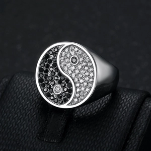 Vintage stainless steel Tai Chi ring with black and white crystal inlay for men