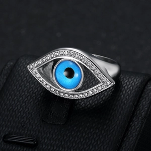Men's stainless steel evil eye ring with blue center and white zircon stones in silver