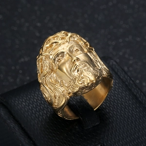 Vintage Jesus portrait relief ring in gold plated stainless steel for men
