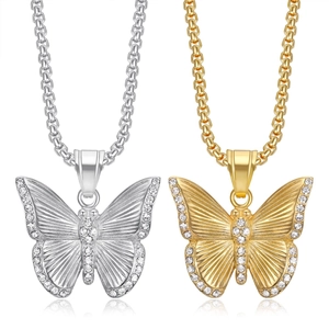 Mode Minimalistisch Edelstahl Gold Beschichtet Schmetterling Anhänger Halskette Für Damen Eingelegt Strass Funkelnd Schmuck Zubehör