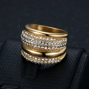 Hip-hop style gold plated stainless steel wide ring with multi-row pavé crystals