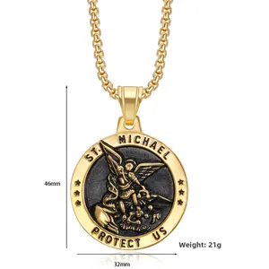 Macro view of St. Michael gold pendant showing dimensions of 46mm height and 32mm width