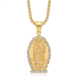 Gold plated Virgin Mary pendant necklace with sparkling crystals on a box chain