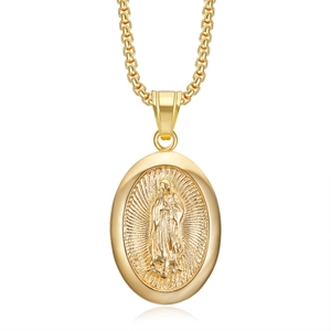 Detailed close-up of a gold Virgin Mary oval pendant with a polished box chain necklace