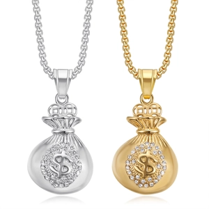 Collier Pendentif Sac d'Argent Signe Dollar en Acier Inoxydable Hip Hop Bijoux Incrustés de Strass pour Hommes Femmes