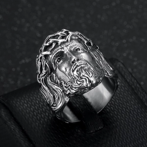 Retro stainless steel ring for men featuring a 3D Jesus portrait with antique silver finish