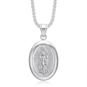 Macro detail of silver stainless steel Virgin Mary relief pendant on round box chain