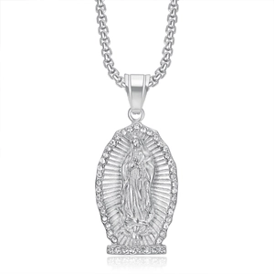 Hip hop style silver Virgin Mary pendant necklace with white crystal border