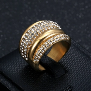 Hip hop style gold plated titanium steel ring featuring triple rows of shimmering crystals