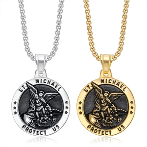 Hip Hop St Michael Archangel Protector Pendant Necklace Stainless Steel Religious Relief Medal Box Chain For Men Women Jewelry