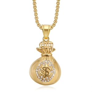 Collier hip hop plaqué or avec pendentif sac d'argent, signe dollar et cristaux