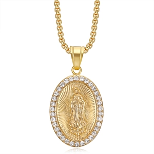 Gold plated Virgin Mary necklace with crystal halo pendant and thick chain