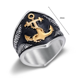 Detailed close-up of a vintage Viking anchor ring featuring gold relief and black finish