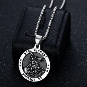 Silver St. Michael Archangel pendant necklace with black embossed religious medallion