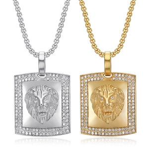 Collier Pendentif Tête de Lion Hip Hop en Acier Titane Plaqué Or Acier Inoxydable Relief Carré Bijoux Strass Pour Hommes Femmes