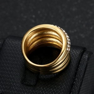 Golden multi-layer titanium steel ring with triple row sparkling micro-pave crystals