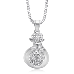 Collier avec pendentif sac d'argent argenté hip-hop orné de diamants et signe dollar