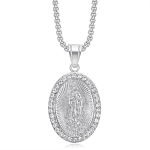 Virgin Mary oval pendant necklace with sparkling cubic zirconia crystals in silver finish
