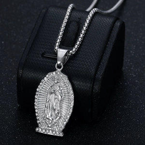 Gold plated stainless steel Virgin Mary pendant necklace with zircon crystals