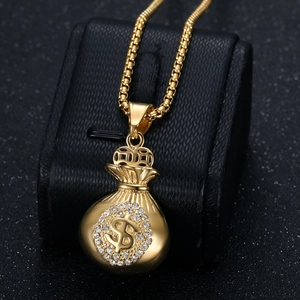 Collier hip hop plaqué or avec pendentif sac d'argent serti de diamants brillants