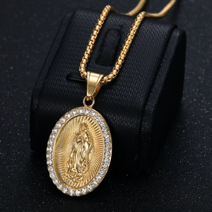 Gold-plated stainless steel Virgin Mary pendant necklace with sparkling white rhinestones