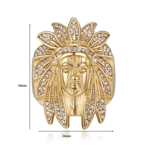 Detailed size view of hip hop gold plated Indian Chief ring with rhinestones (34x24mm)