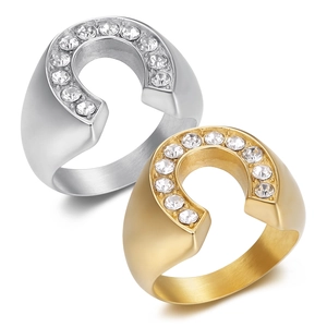 Bague Fer à Cheval en Acier Inoxydable Hip Hop pour Hommes Incrustée de Strass Or Argent Plqué Forme en U Bijoux Mode Punk