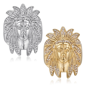 Hip Hop Indian Chief Head Ring Titanium Steel Gold Plated Pave Rhinestone Native American Style Punk Jewelry For Men
