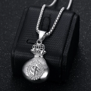 Collier hip hop en acier doré avec pendentif sac d'argent serti de cristaux étincelants