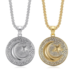 Collier Pendentif Étoile et Lune Drapeau Turc en Acier Titane Hip Hop Pendentifs Strass Or Argent Bijoux pour Hommes Femmes