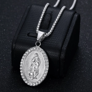 Religious silver steel pendant necklace with Virgin Mary relief and clear rhinestones