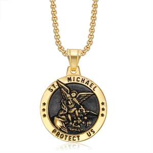 St. Michael Archangel gold plated stainless steel coin pendant necklace for men