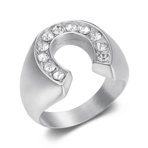 Brushed stainless steel horseshoe ring for men with 11 round cubic zirconia stones