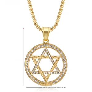 Macro detail of gold plated hexagram pendant showing dimensions 52mm by 38mm