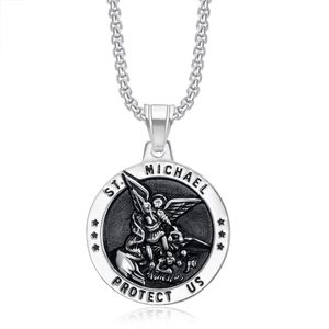 Vintage silver St. Michael Archangel pendant necklace in stainless steel with box chain