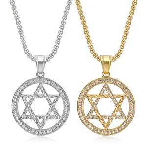 Hip Hop Titanium Steel Star of David Pendant Necklace Electroplated Rhinestone Star Jewelry For Men Women Daily Decor