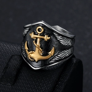 Vintage viking nautical anchor ring for men with gold anchor and silver wings design